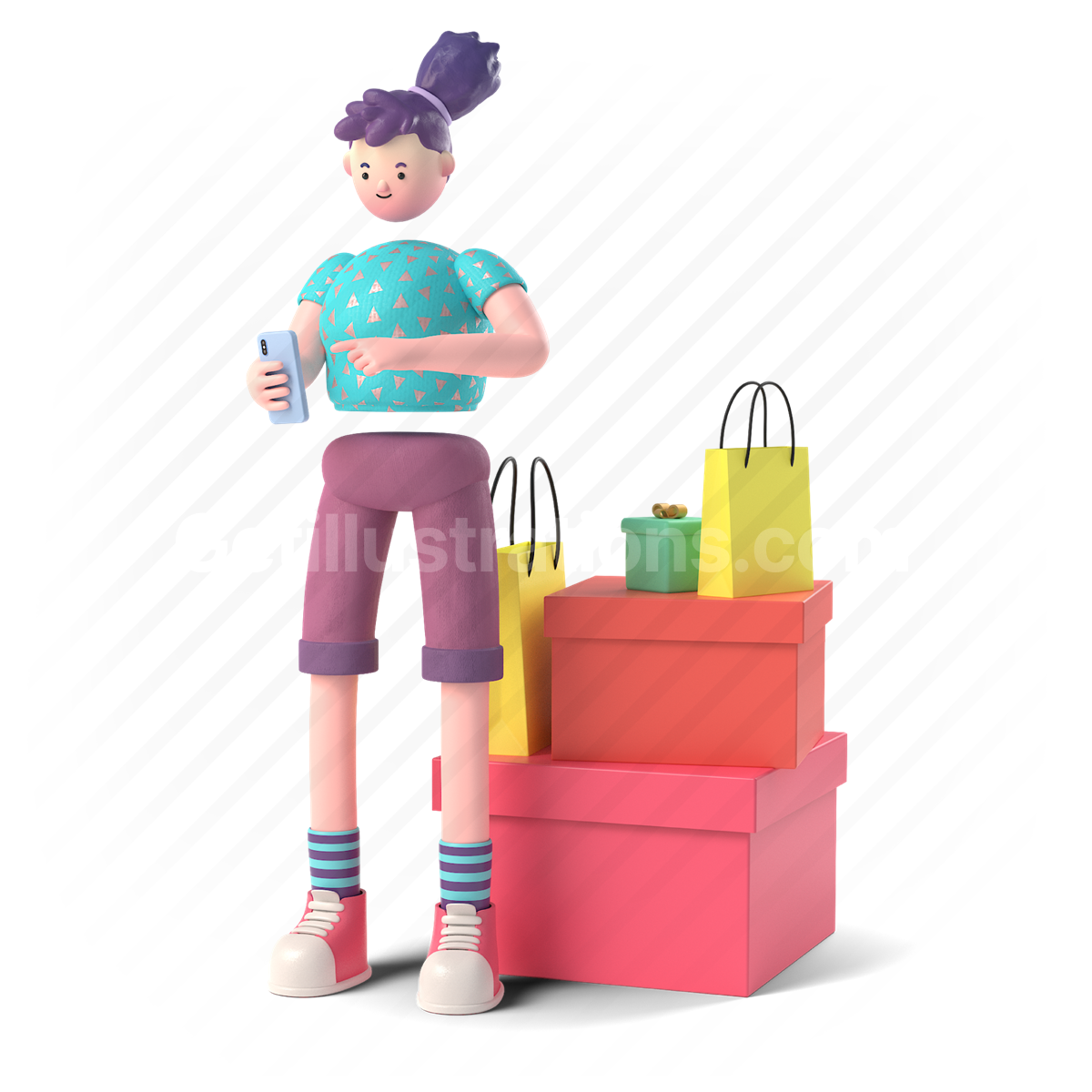 3d, people, person, woman, purchase, shop, box, bag, mobile, online